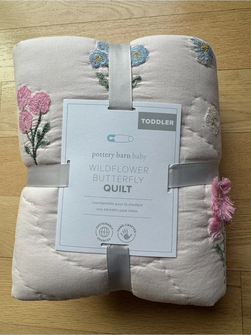 Pottery Barn Kids Wildflower Butterfly Quilt - Pink with Blue & Green Embroidery